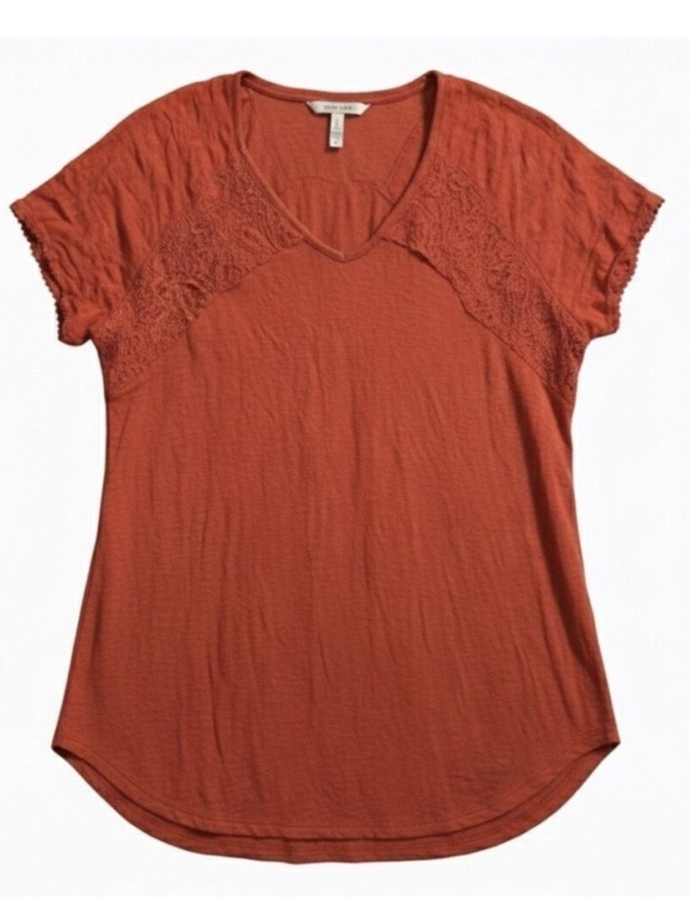 Knox Rose Boho Lace Trim Top Medium Red Orange V Neck Short Sleeve Lightweight